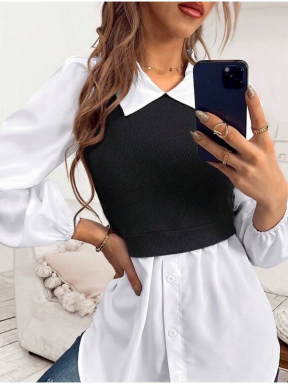 Chic Layered White Blouse with Black Knit Vest
